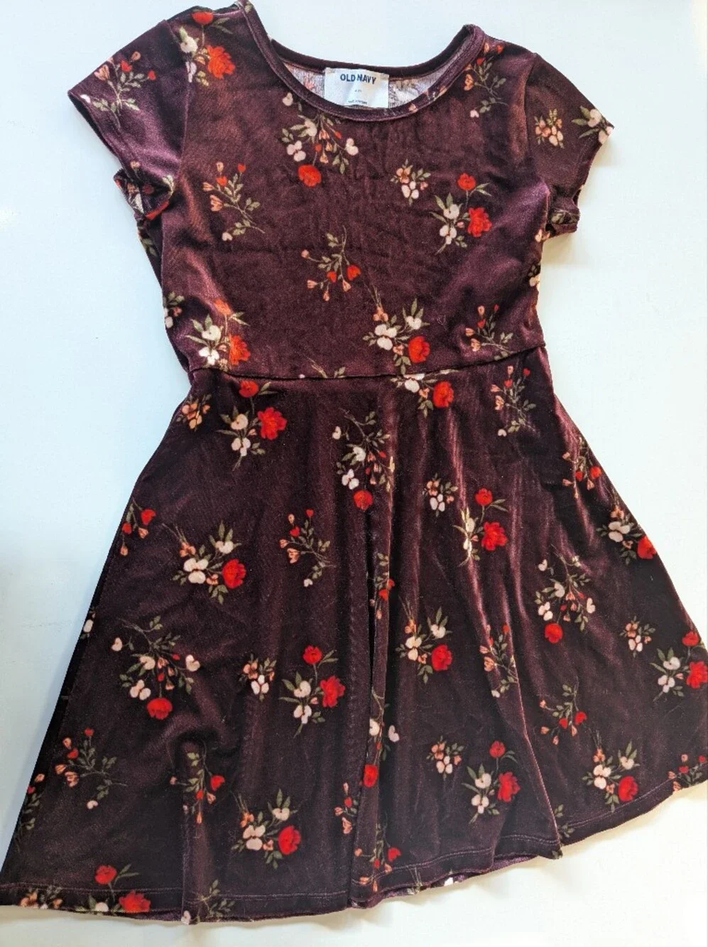 Old Navy Plum Velvet Dress with Red and Cream Floral Print